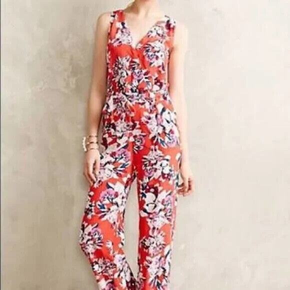 Anthropologie Yumi Kim Daffney red Silk floral Jumpsuit size medium - Picture 1 of 4